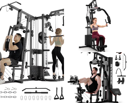 Syedee All-in-One Home Gym Station, 150lb Weight Stack, 90+ Exercises for Full Body Training cover photo collage