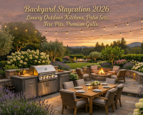 Backyard Staycation 2026 — Luxury Outdoor Kitchens, Patio Sets, Fire Pits & Premium Grills cover photo collage