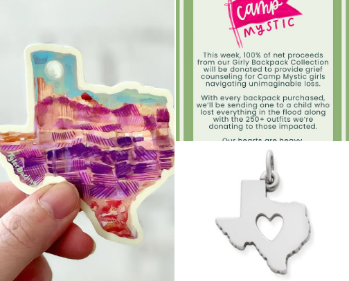 Ways to shop to support the historic Texas floods + Camp Mystic + Hill Country communities and those directly affected. cover photo collage