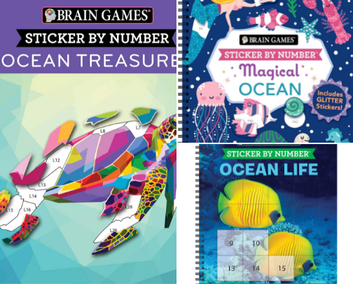 Read Now - Brain Games - Sticker by Number: Ocean Treasures (13 Images to Sticker) cover photo collage