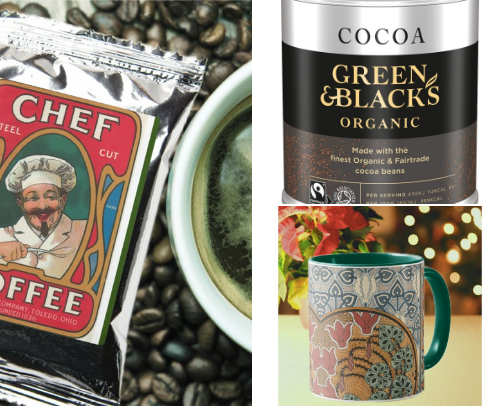Coffee, tea and hot chocolate lovers list inc drinks, mugs and related comfort supplies cover photo collage
