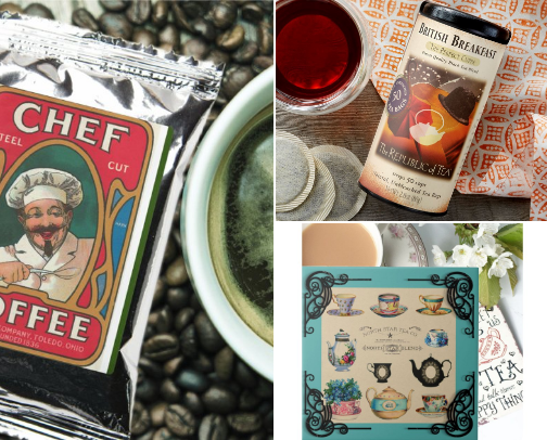 Coffee, tea and hot chocolate lovers list inc drinks, mugs and related comfort supplies cover photo collage