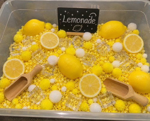 Lemonade sensory bin cover photo collage