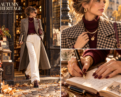 Houndstooth Coat & Wine Turtleneck Fall Look cover photo collage
