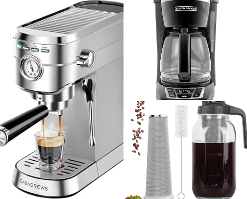 Coffee Makers, Espresso Machines & Barista Essentials Guide (Amazon Espresso Machines, Pour-Over Kits & Milk Frothers Edition) cover photo collage