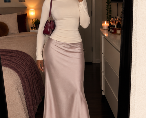 Elegant Fall Outfit Idea 🤎 Blush Satin Skirt, Cream Top & Burgundy Heels cover photo collage