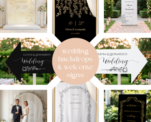 Elegant Wedding Backdrops & Welcome Signs | Luxurious Floral & Minimalist Acrylic Designs cover photo collage