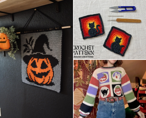 Etsy crochet patterns for spooky szn 🧶 cover photo collage