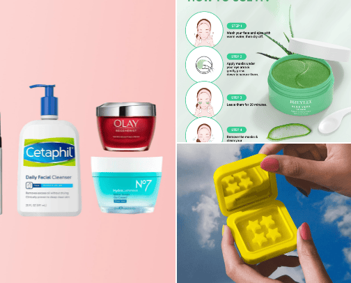 Skincare, makeup, beauty products cover photo collage