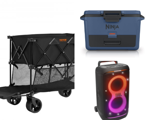 Sideline essentials (wagon, cooler, chairs, speakers) cover photo collage