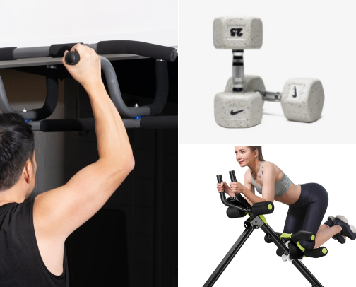 Home workout Gym staff and fitness clothing cover photo collage