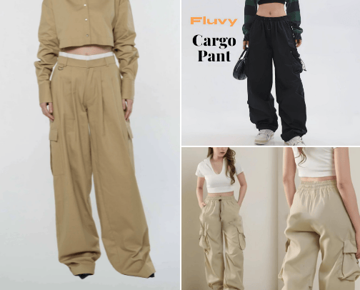 Effortlessly chic cargo pants with a double-waisted band featuring contrasting colors, complete with quilting detail and a ring accent underneath. The overall boxy silhouette is complemented with patched pockets on the sides, and a decorative faux pocket at the back. These pants are made of structured yet breezy cotton fabric. cover photo collage