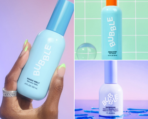 Skincare routine with bubble products cover photo collage