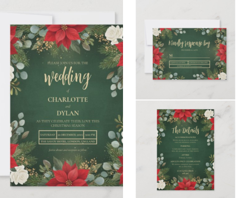 Winter Green Velvet Christmas Wedding Stationery cover photo collage
