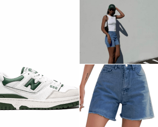 White/Green New Balance 550 Cutoff Denim Shorts Outfit cover photo collage