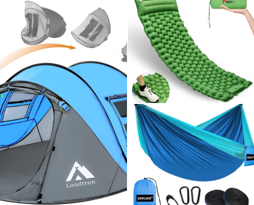 Camping, Outdoor Recreation & Hiking Essentials Guide (Amazon Outdoor Gear, Camp Kitchen & Trail Safety Edition) cover photo collage