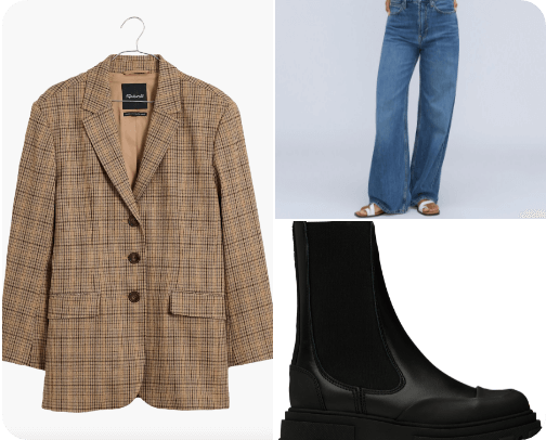 Chic and Casual Blazer Look - Plaid Blazer, Relaxed Jeans, and Chelsea Boots cover photo collage