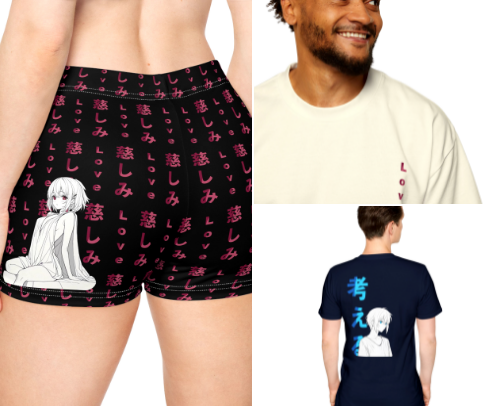 Monochrome Anime Apparel: Hand-Drawn Designs with Colored Eyes cover photo collage
