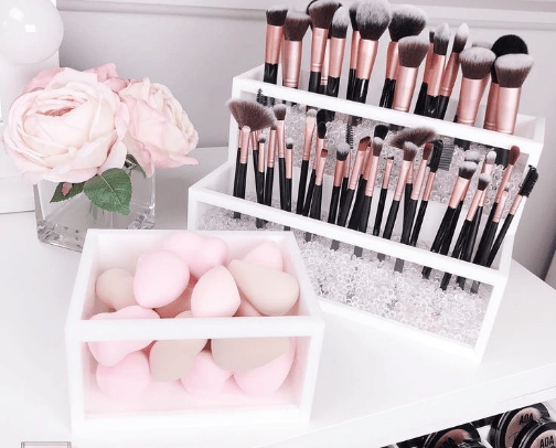 Makeup tools and brushes cover photo collage