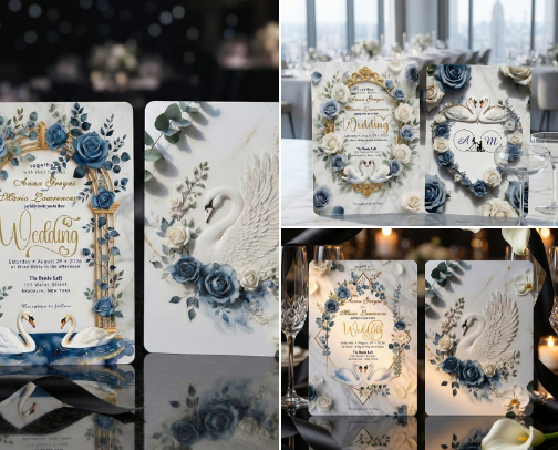 Elegant Swan & Dusty Blue Rose Gold Wedding cover photo collage
