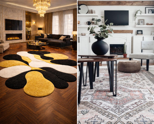 Handmade Abstract Area Rug | Black, Gold & White Tufted Carpet cover photo collage