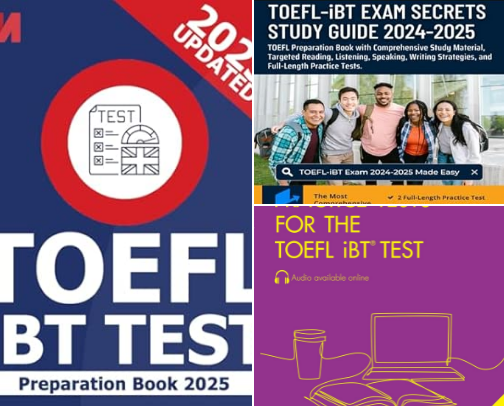 Get Free - TOEFL iBT Test Preparation Book - TOEFL iBT Prep - 8 Full Practice Tests and Study Guide cover photo collage