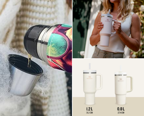 "The cup that broke the internet! Keeps your drink cold all day. I’m obsessed!"🧊      Stanley Tumbler cover photo collage
