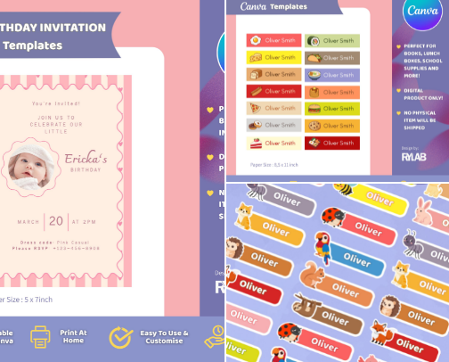 Editable Kids Name Labels & Birthday Cards | Easy Canva Templates for Moms cover photo collage