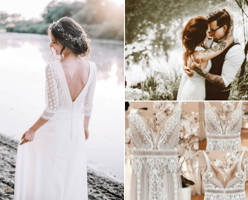 Modest rustic wedding dress, simple and aesthetic cover photo collage