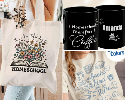 My Favorite Homeschool Tshirts, Mugs, Tote Bags and Gifts! cover photo collage