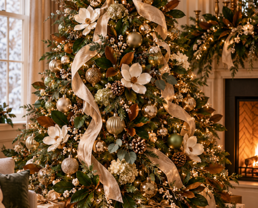 Organic Christmas Tree Ideas: Magnolia, Greenery & Soft Ribbon cover photo collage