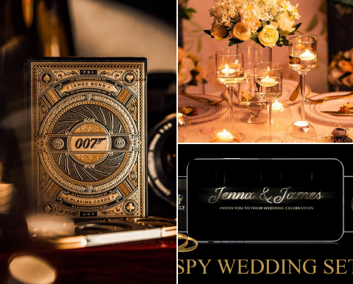 Gold and Black Elegant Wedding List for a Luxury Cinematic Spy Theme cover photo collage