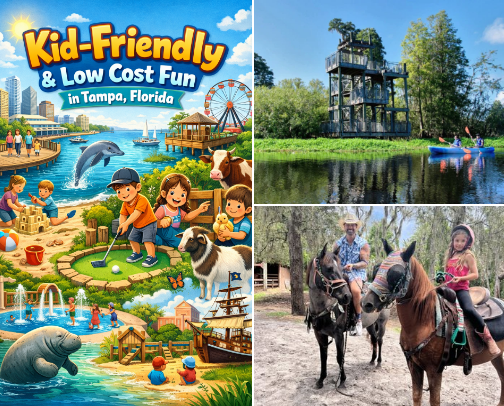 Favorite Kid Friendly ( low cost)  places to go in Tampa Florida cover photo collage