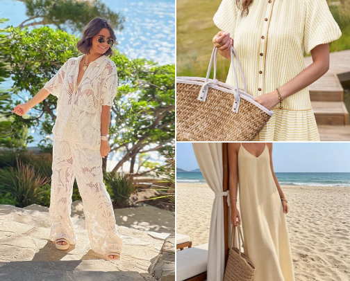 Coastal girl: sandy beaches, blue tides, and oyster pearls cover photo collage