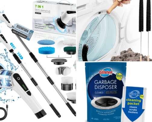 House cleaning products and devices cover photo collage