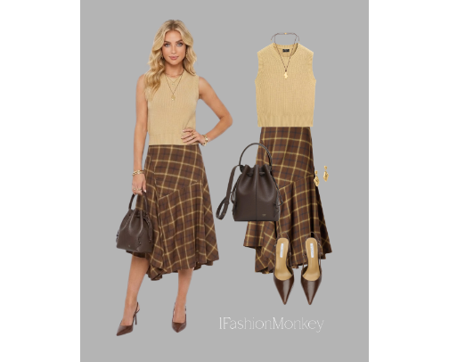 OOTD #959 WOMEN'S FASHION BROWN PLAID ASYMMETRICAL SKIRT BY CO cover photo collage