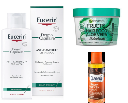 Products for a curly hair and dandruff cover photo collage