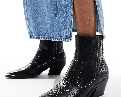 Stradivarius faux croc heeled ankle boots in black cover photo collage