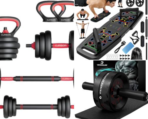 Everyday sports equipment at home cover photo collage
