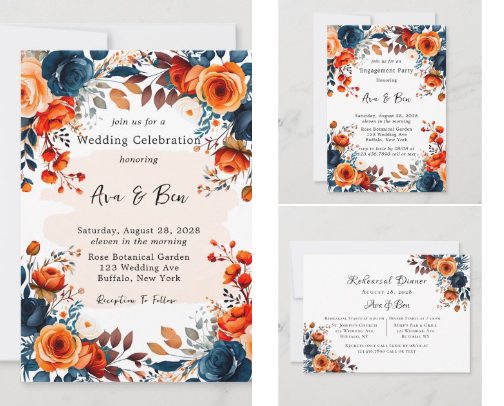 Navy Blue and Orange Peony Wedding cover photo collage