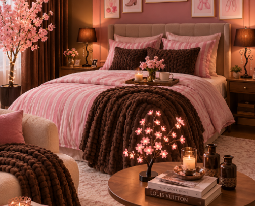 Cherry Pink & Chocolate Brown Theme Bedroom Makeover cover photo collage