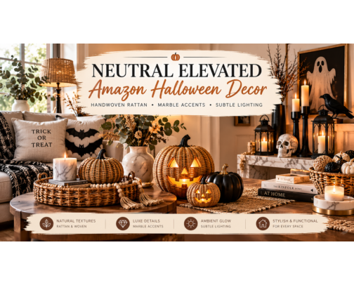 Neutral & Elevated Amazon Halloween Decor: Handwoven Rattan, Marble Accents & Subtle Lighting cover photo collage