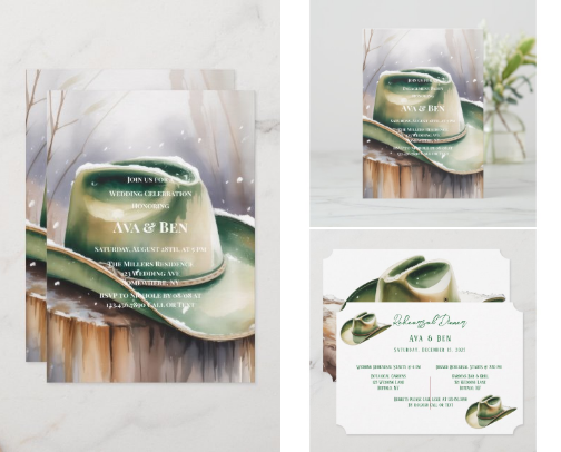 Green Cowboy Hat in Snow Wedding cover photo collage