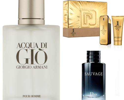 Men's perfumes and fashion accessories cover photo collage