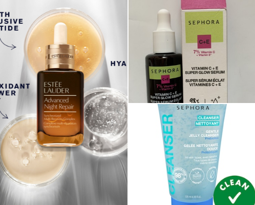 Night skincare routine products cover photo collage