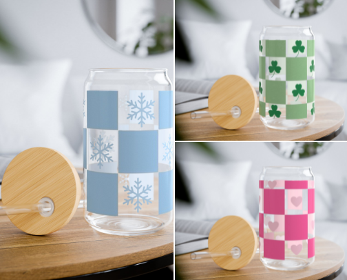 Checkered Themed 16oz Glass Sippers cover photo collage