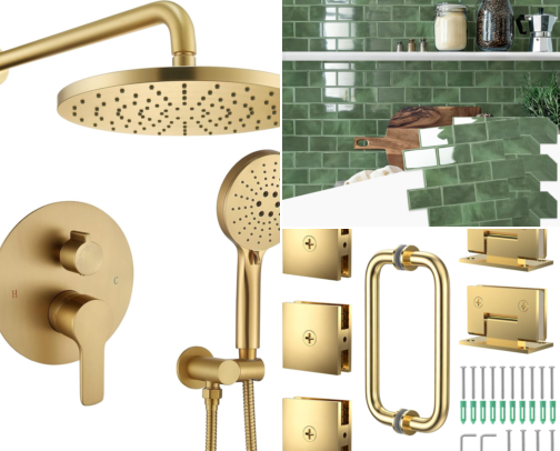 Small Bathroom Ideas: Sage Green Shower Tile, Floating Vanity & Warm Brass Lighting cover photo collage