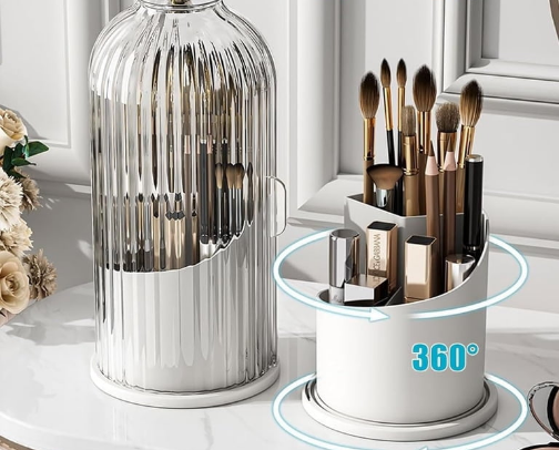 Birdcage-Style Concealed Toothbrush Holder Sliding Lid Bathroom Counter Organizer Tooth Brush Holder for Bathroom 360 Rotating Waterproof Dustproof Makeup Brushes Storage for Vanity (White) cover photo collage