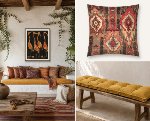 A Quiet Boho Living Room Around Four Flamingos cover photo collage