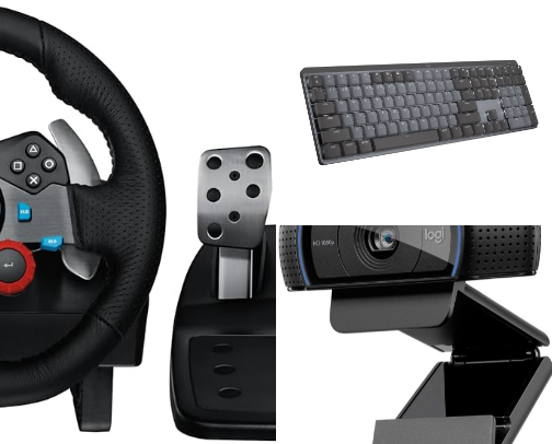 Logitech Gaming accessories - a very heavy duty steering wheel most precise movement and high quality products cover photo collage